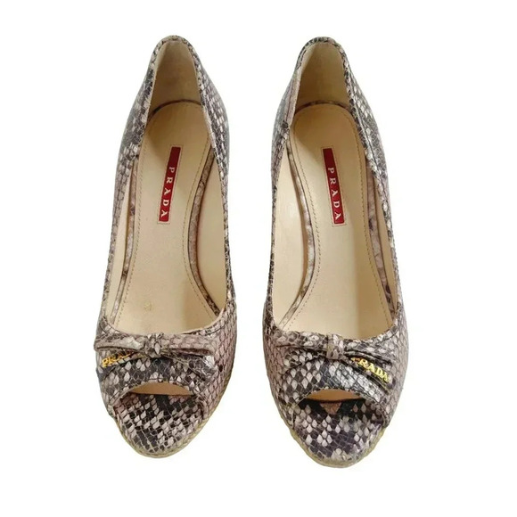 Prada Bow Leather Cork Wedge Peep Toe Pumps Snake Print Size 37.5 3KZ015 - Picture 3 of 13